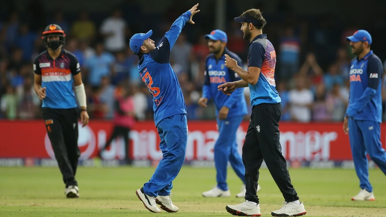 Women's T20 players in blue and red kits gathered near the pitch during a tactical break with a coach pointing at a field placement chart