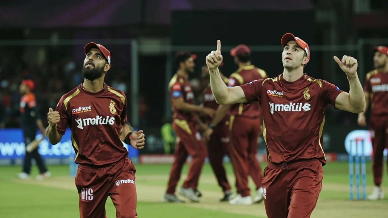 Medium shot of IPL players gathered around the captain near the pitch during a tactical break with field positions being discussed