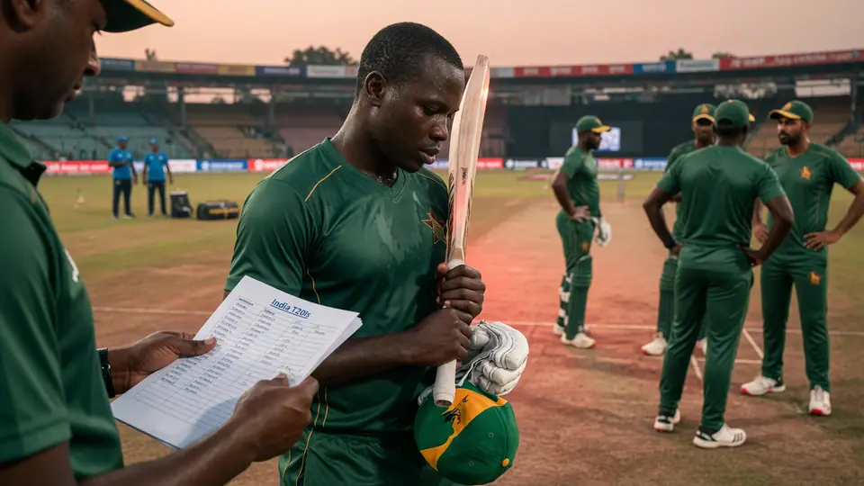 Batter in a green kit holding bat and helmet while a coach shows a clipboard squad list on the pitch