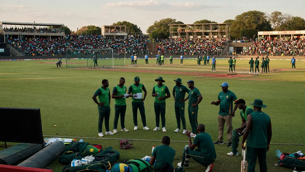 Green-kit cricket side huddling on the outfield under stadium lights with a packed crowd in the stands at dusk
